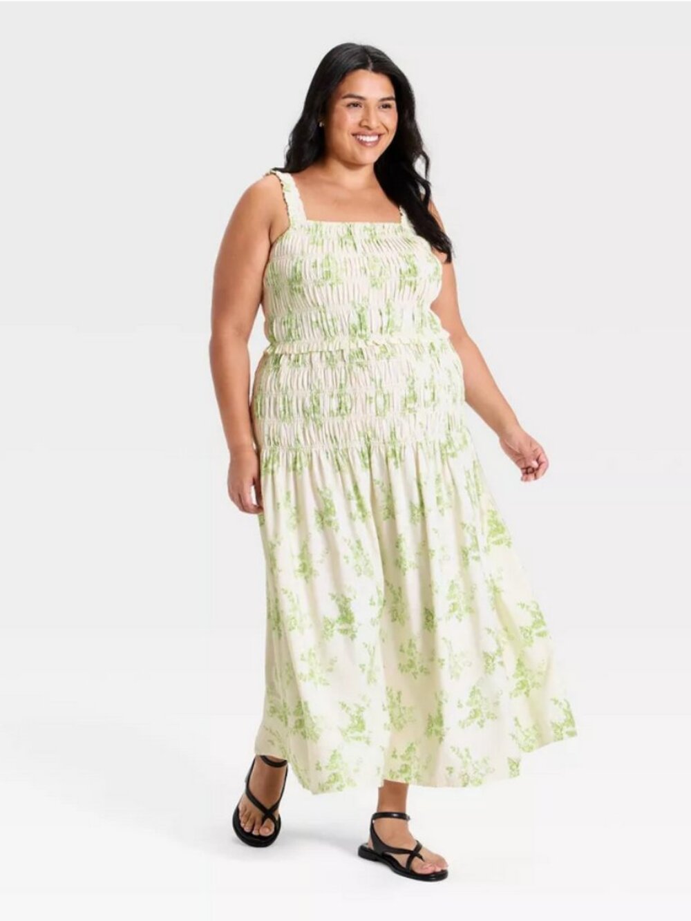 Women's Smocked Maxi A-Line Dress - Universal Thread Green Floral S